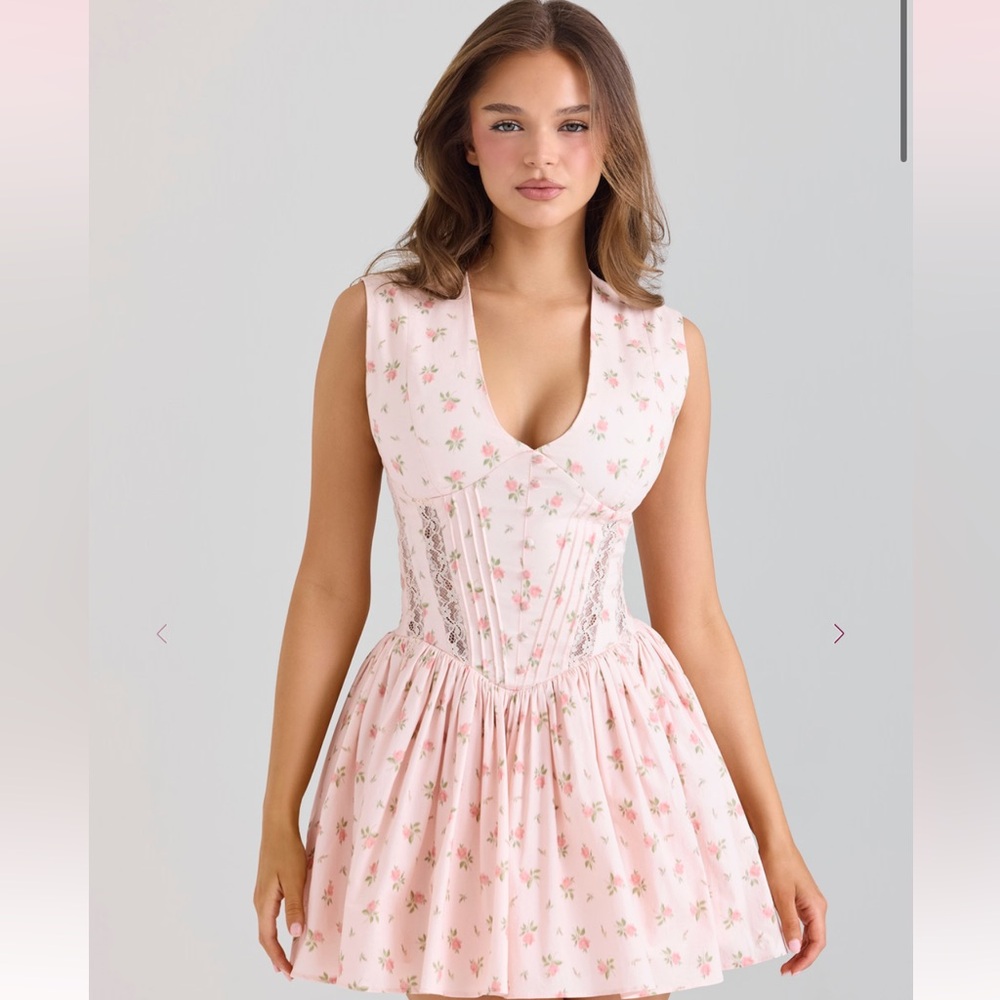 House of CB ‘CARMEL’ Pink Stretch Cotton Floral Print Mini Dress NWT